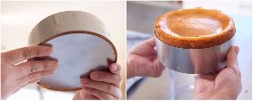 ・型から外す際は、型ごと横向きにし、シフォンナイフを差し込んで一周させる。<br><br>・型から生地を抜く際は、セルクル板を下に敷き、裏返したコップなどの上に置く。そのまま均等に力を入れ、徐々に型を下げていく。